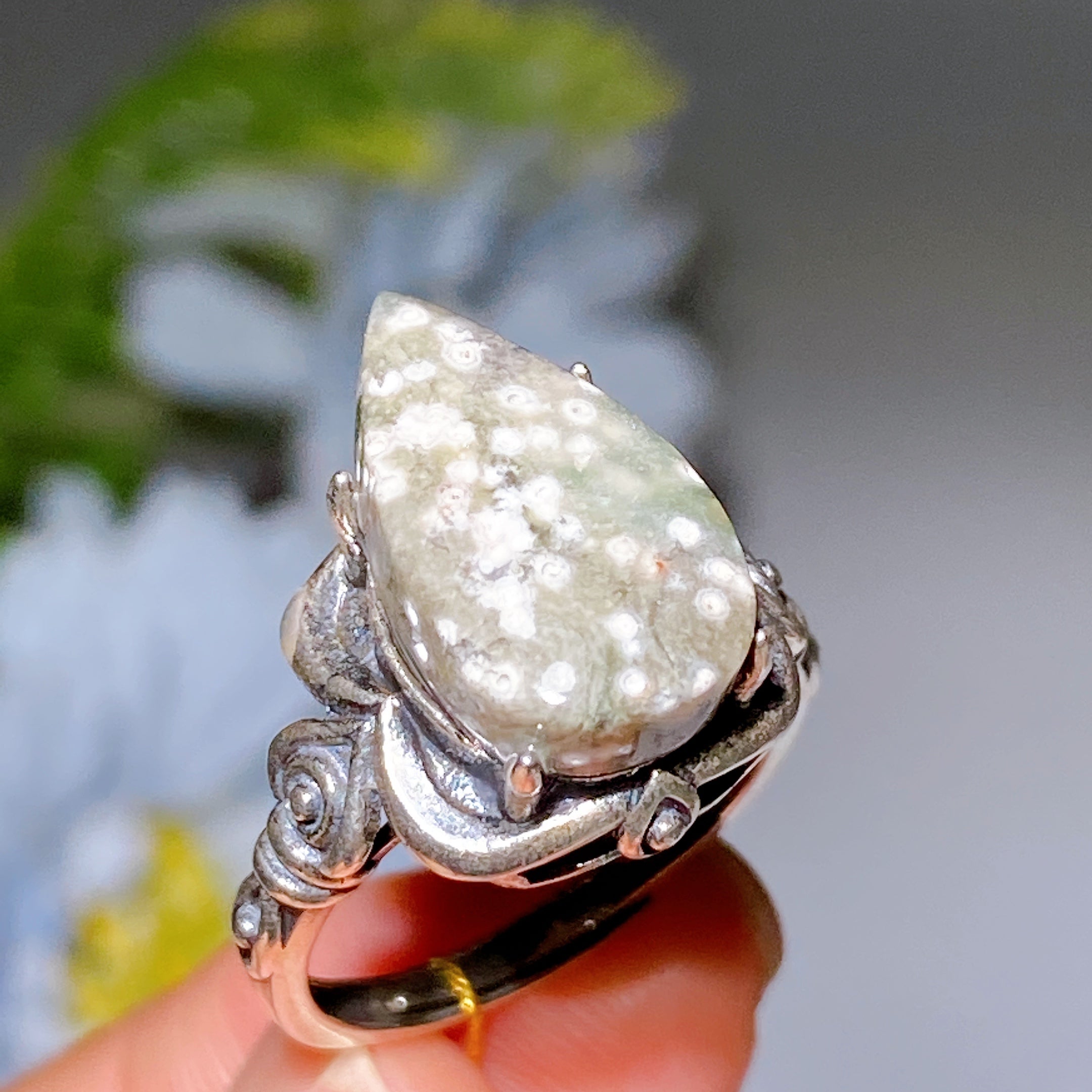 Adjustable Ocean Jasper Ring in Sterling Silver for Healing