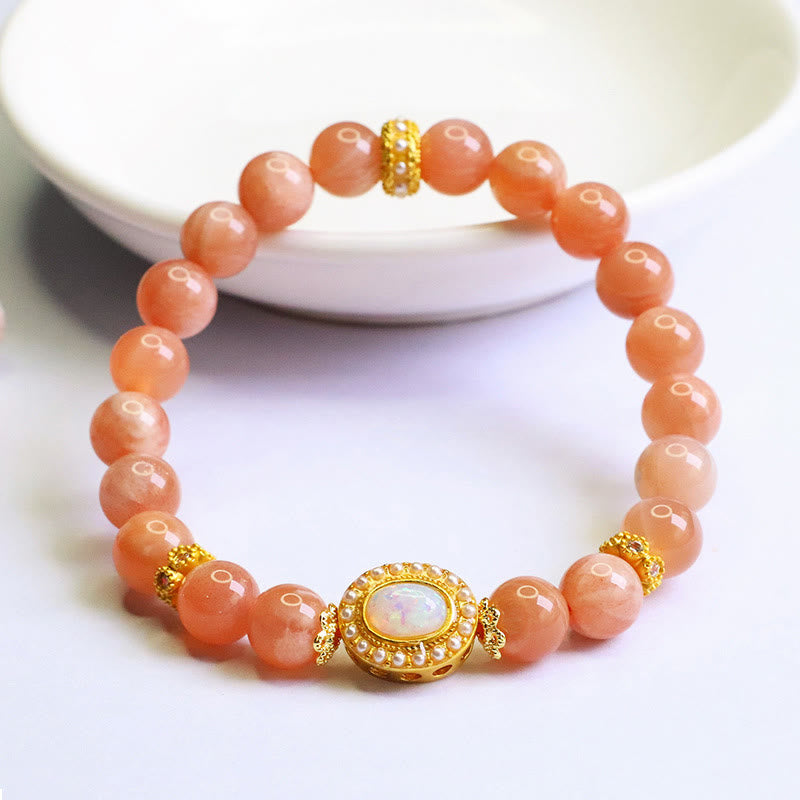 Bracelet réglable en pierre de lune pêche pour femme, équilibre apaisant