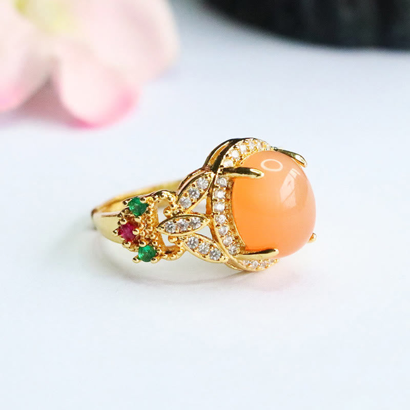 Bague ajustable en pierre de lune pêche, motif floral à quatre feuilles | Vintage