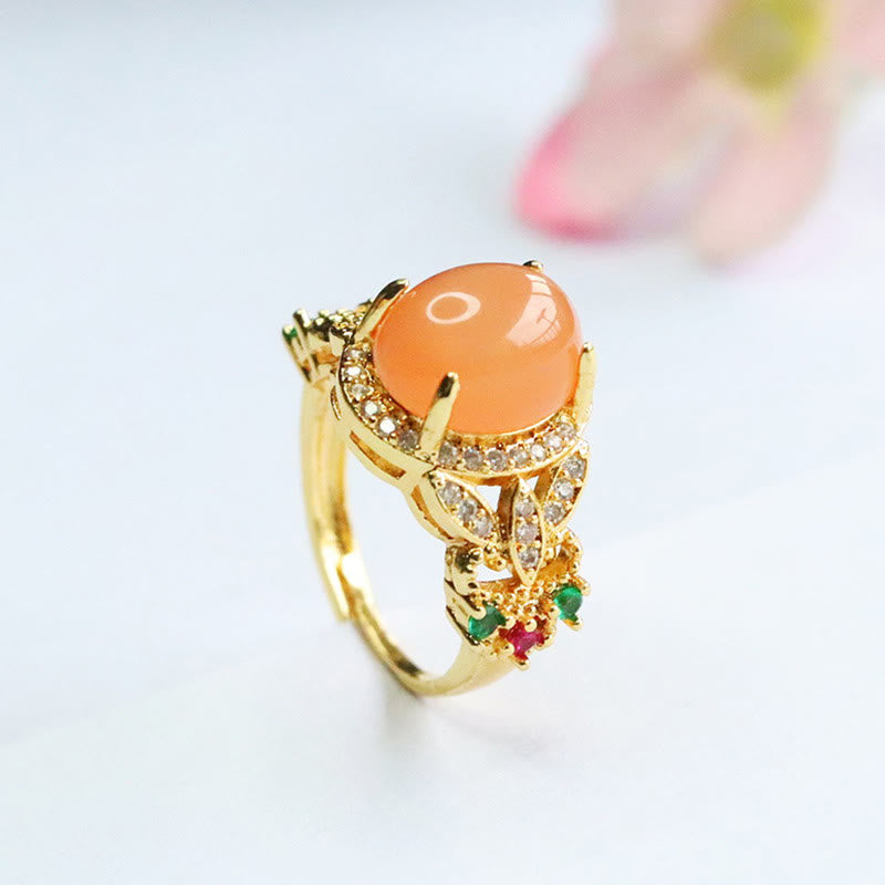 Bague ajustable en pierre de lune pêche, motif floral à quatre feuilles | Vintage