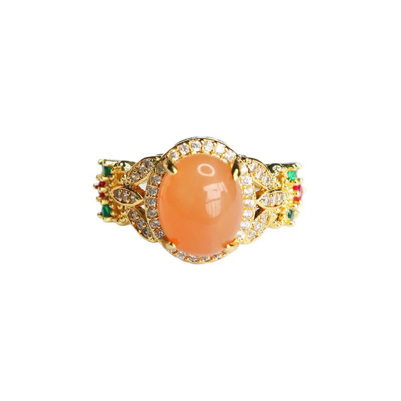 Bague ajustable en pierre de lune pêche, motif floral à quatre feuilles | Vintage