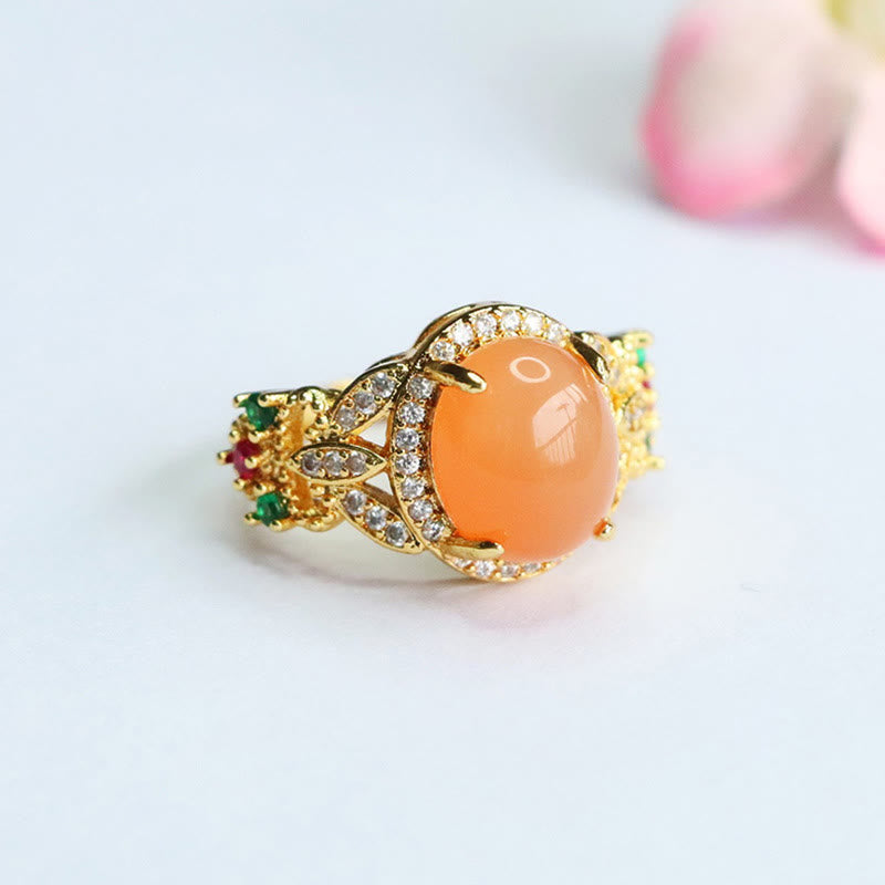 Bague ajustable en pierre de lune pêche, motif floral à quatre feuilles | Vintage