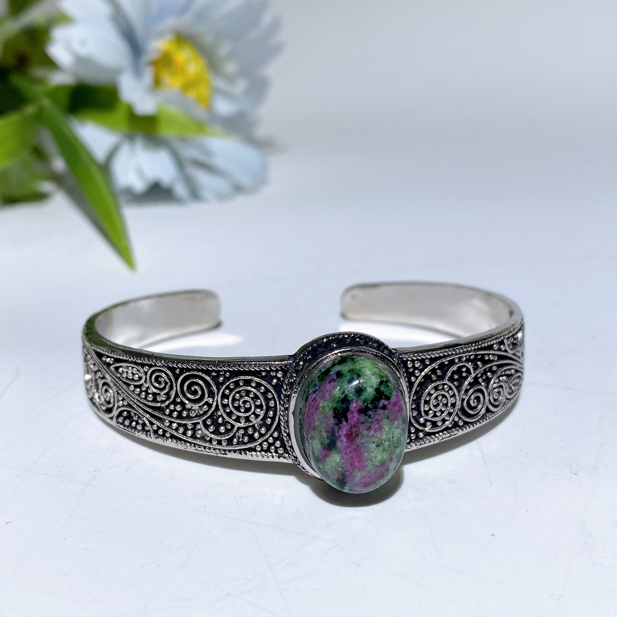 Adjustable Silver Crystal Bangle with Healing Gemstones