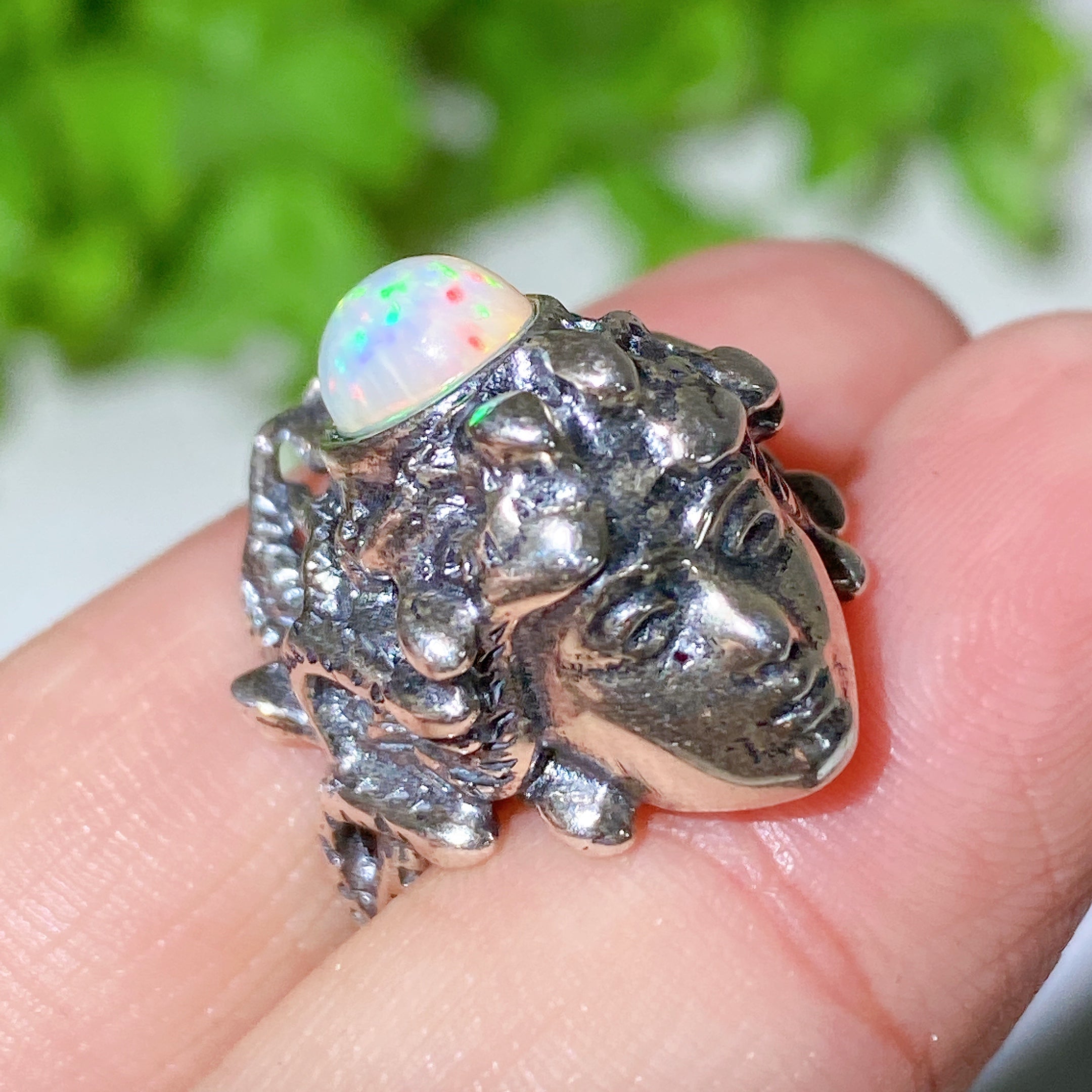 Adjustable Sterling Silver Garnet Ring with Opal Accent