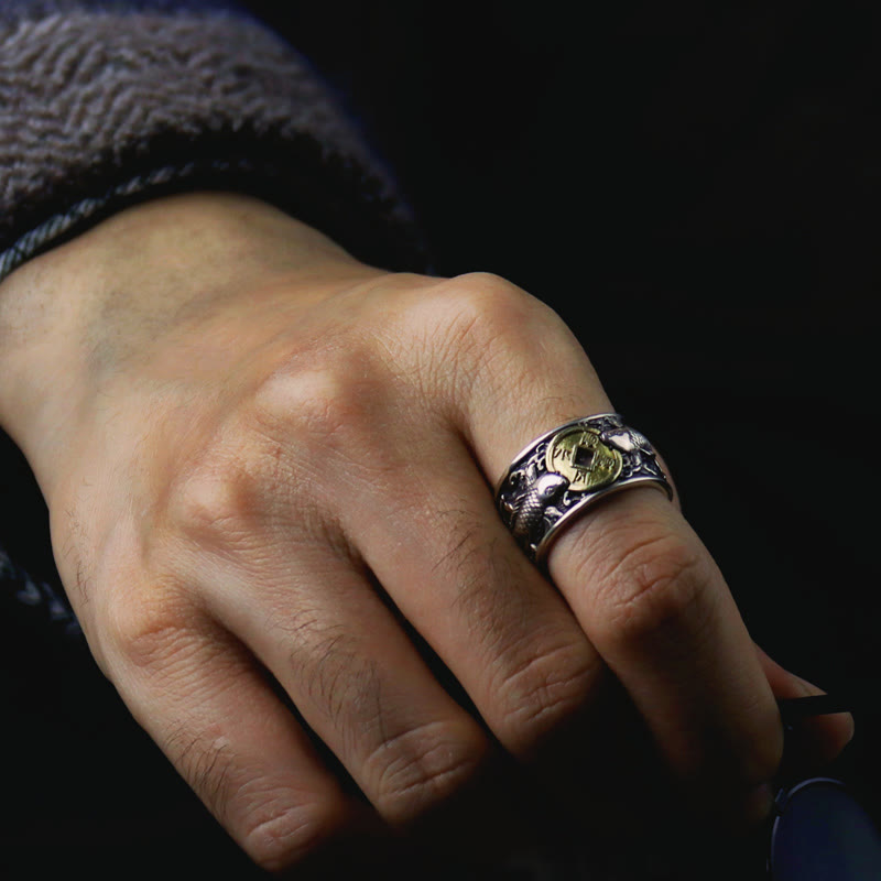 Bague réglable en argent sterling représentant un poisson koï symbolisant la chance