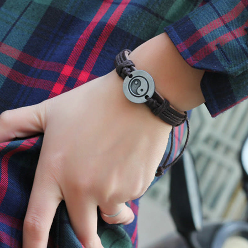 Bracelet d'harmonie réglable en cuir Yin Yang 23 cm