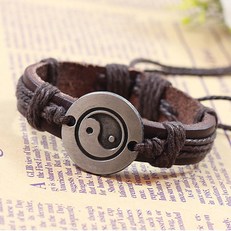 Bracelet d'harmonie réglable en cuir Yin Yang 23 cm