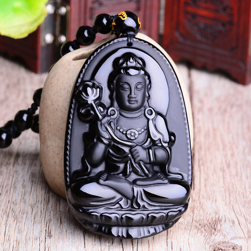 Obsidian Buddha Amulet Necklace with Chinese Zodiac | Protection