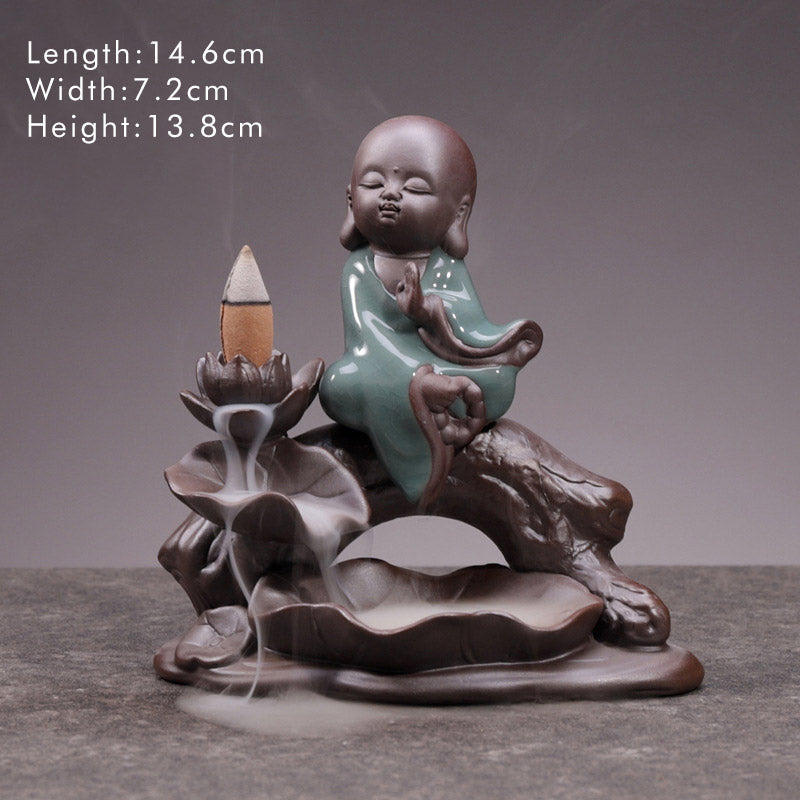 Ceramic Lotus Blessing Incense Burner with Little Monk