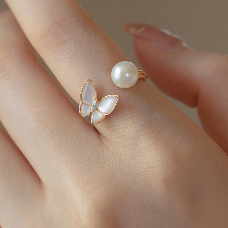 14K Gold Pearl Tridacna Butterfly Jewelry Set - Ring Necklace Earrings