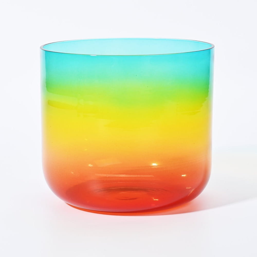 Rainbow-colored glass drinking vessel in Alchemy Clear Rainbow G Note Crystal Singing Bowl