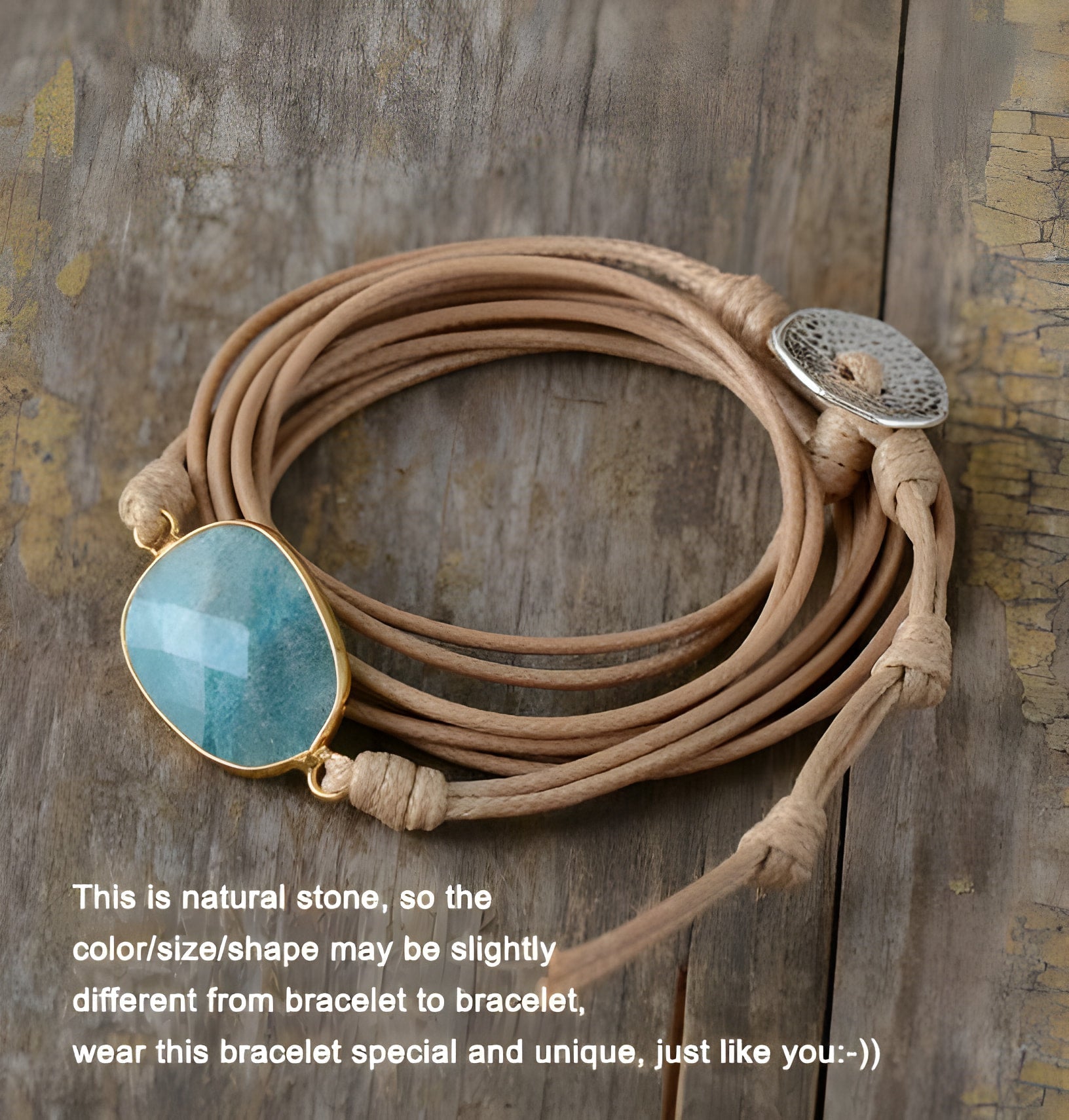 Bracelet en cuir et pierre d'amazonite pour l'équilibre