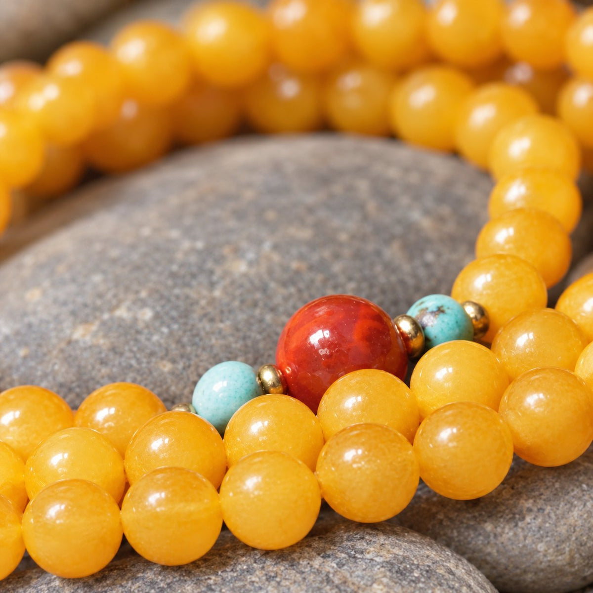 Amber Healing Balance Bracelet & Necklace, macro of beads, red and turquoise beads