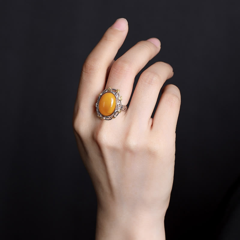 Bague de concentration spirituelle en ambre et argent