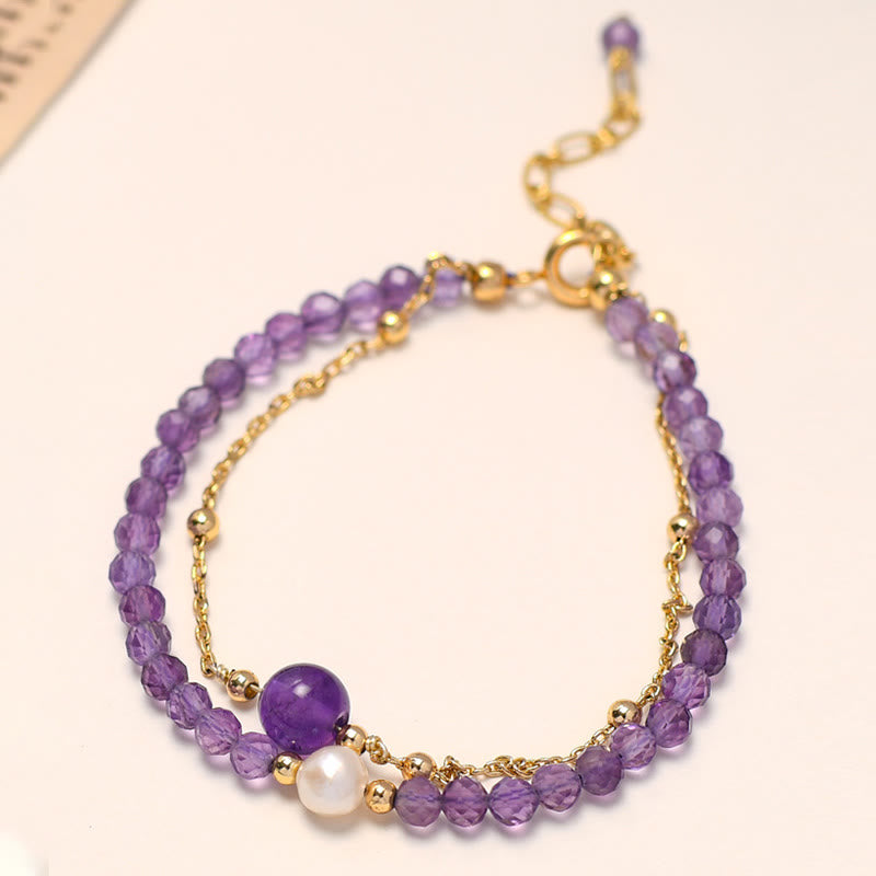 Bracelet de guérison double couche plaqué or 14 carats avec améthyste