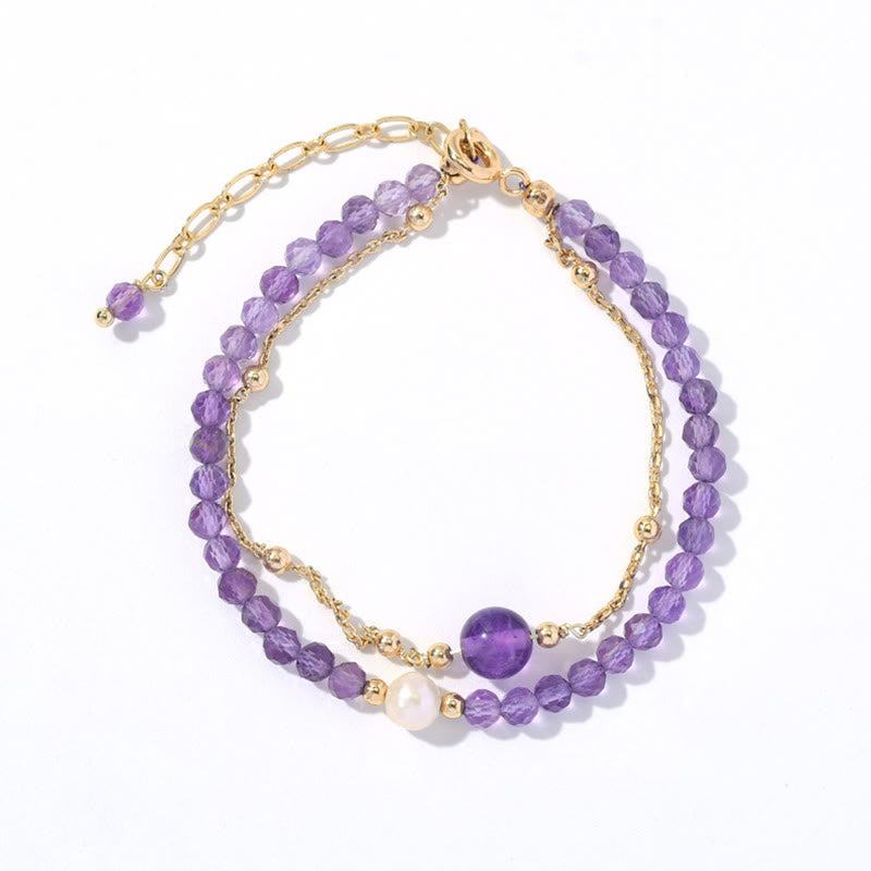 Bracelet de guérison double couche plaqué or 14 carats avec améthyste