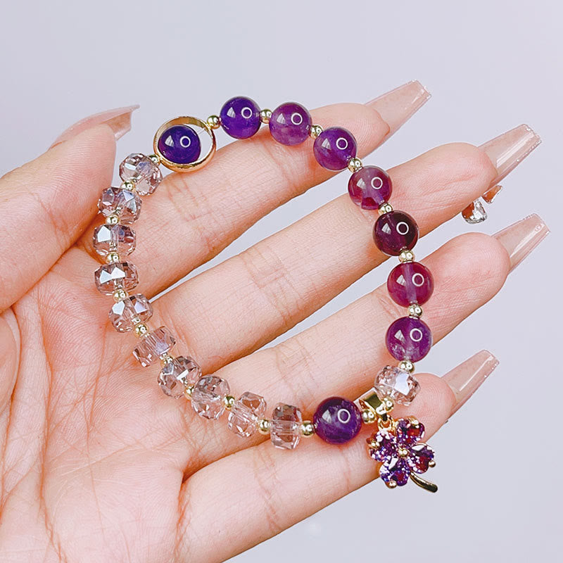 Bracelet en cristal d'améthyste avec trèfle à quatre feuilles pour la guérison