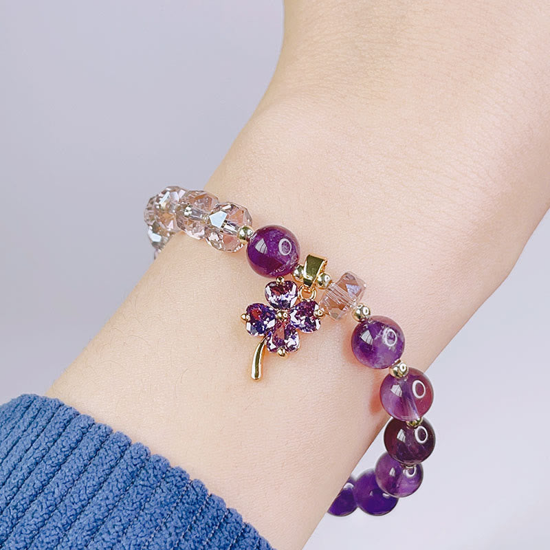 Bracelet en cristal d'améthyste avec trèfle à quatre feuilles pour la guérison