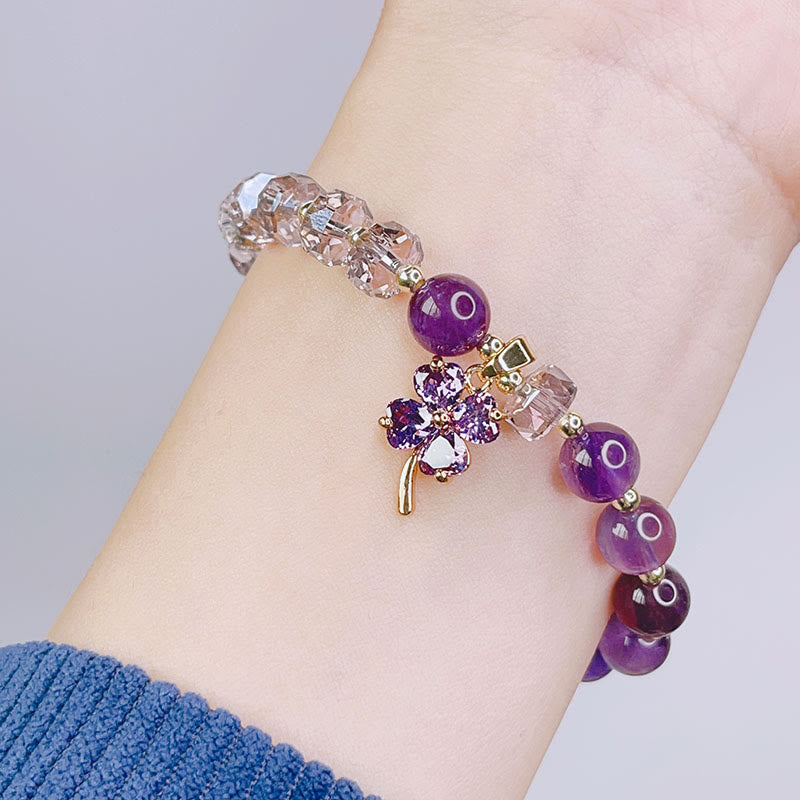 Bracelet en cristal d'améthyste avec trèfle à quatre feuilles pour la guérison