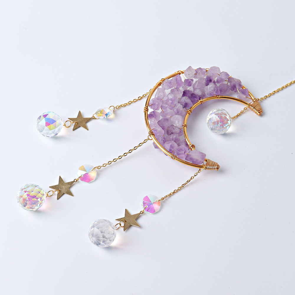 Amethyst Moon Crystal Suncatcher 40cm with Golden Rim