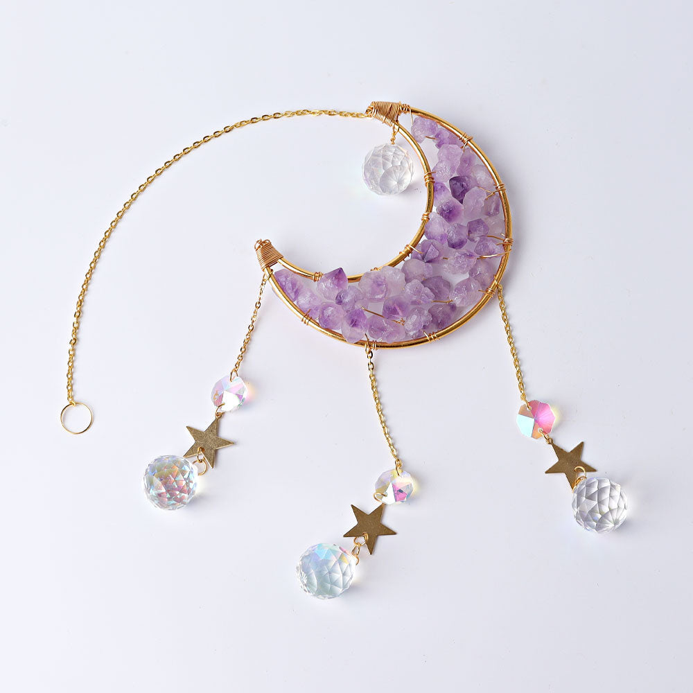 Amethyst Moon Crystal Suncatcher 40cm with Golden Rim