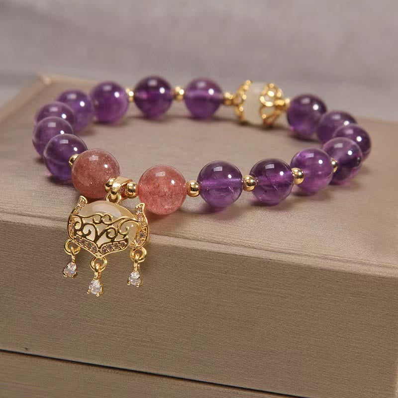 Bracelet de guérison œil de chat en améthyste et quartz fraise | Breloque de protection