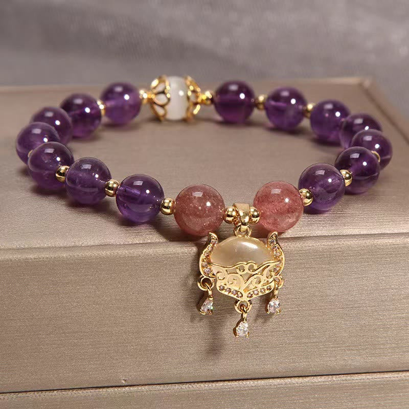 Bracelet de guérison œil de chat en améthyste et quartz fraise | Breloque de protection