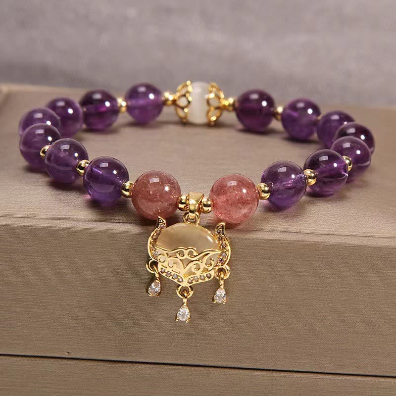 Bracelet de guérison œil de chat en améthyste et quartz fraise | Breloque de protection