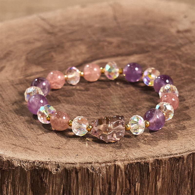 Bracelet de protection renard à neuf queues en cristal blanc et quartz fraise améthyste