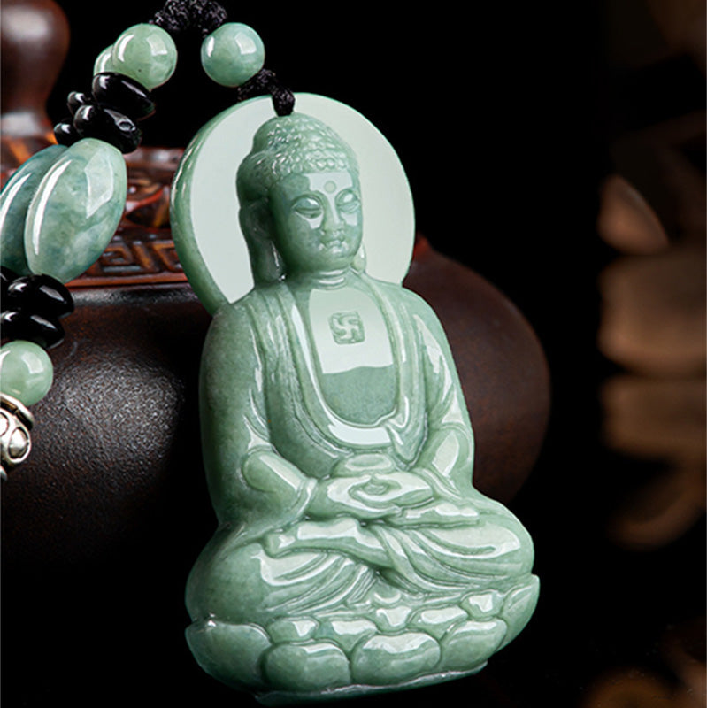 Collier amulette en jade du Bouddha Amitabha, symbole de compassion