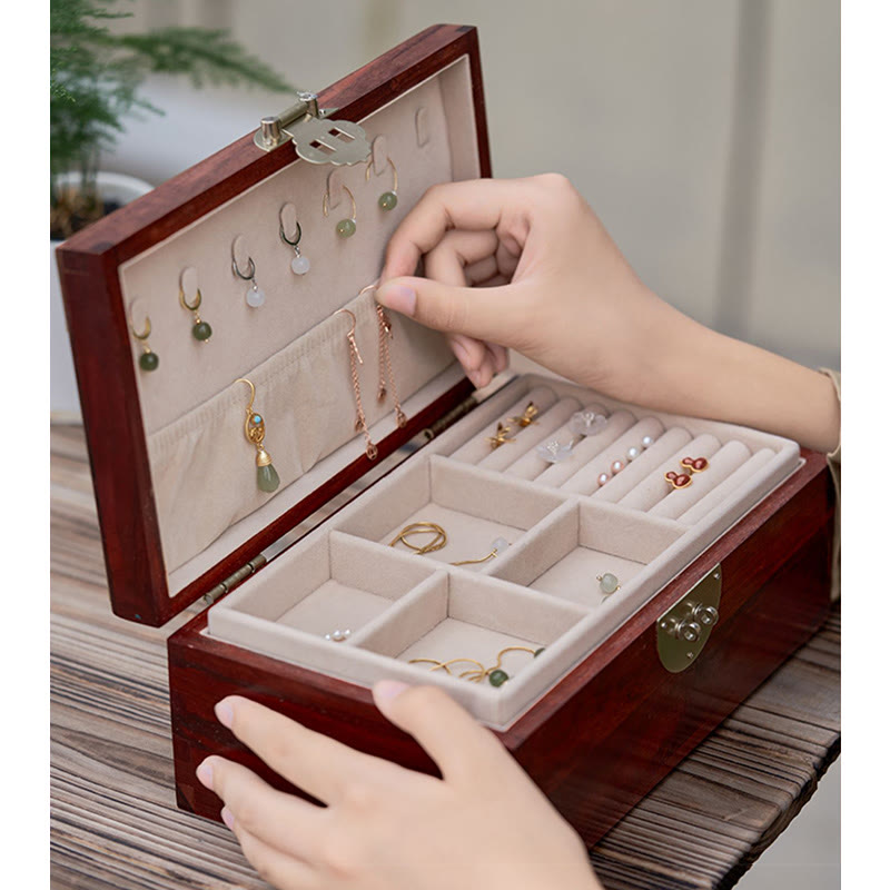 Coffret de rangement pour bijoux fait main en bois de santal rouge antique et palissandre
