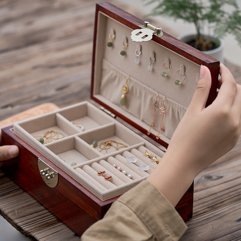 Coffret de rangement pour bijoux fait main en bois de santal rouge antique et palissandre
