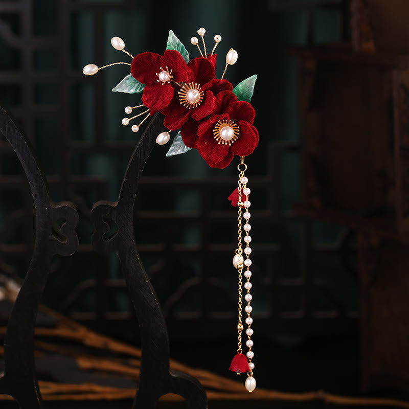 Ensemble d'épingles à cheveux chinoises à pompons et fleurs rouges antiques