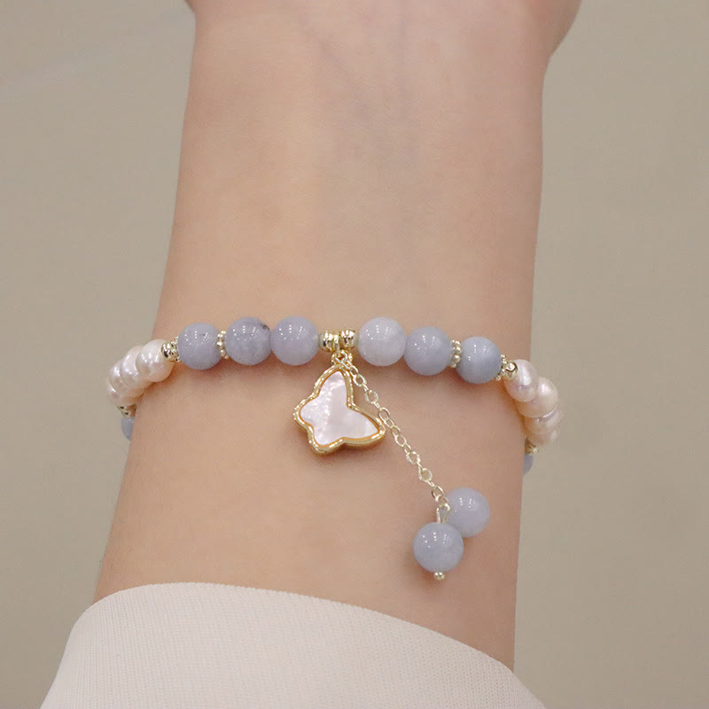 Bracelet de guérison en perles d'aigue-marine | Breloque feuille de ginkgo et papillon