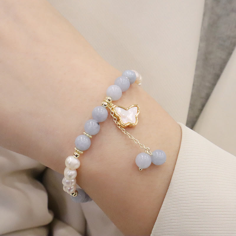 Bracelet de guérison en perles d'aigue-marine | Breloque feuille de ginkgo et papillon