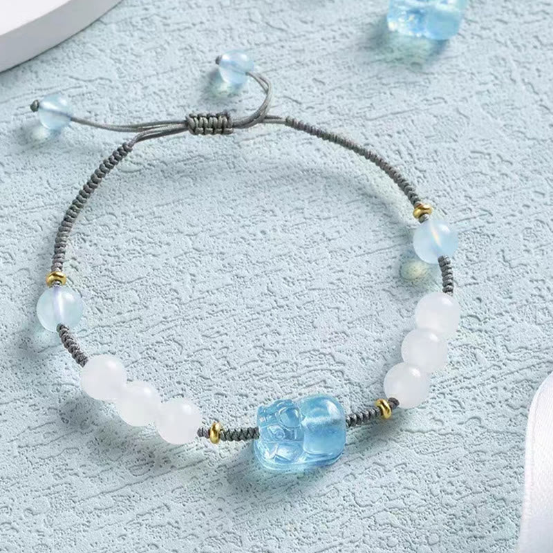 Bracelet Pixiu en aigue-marine et jade blanc pour la richesse et la sérénité