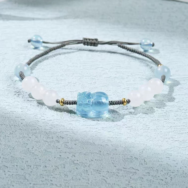 Bracelet Pixiu en aigue-marine et jade blanc pour la richesse et la sérénité