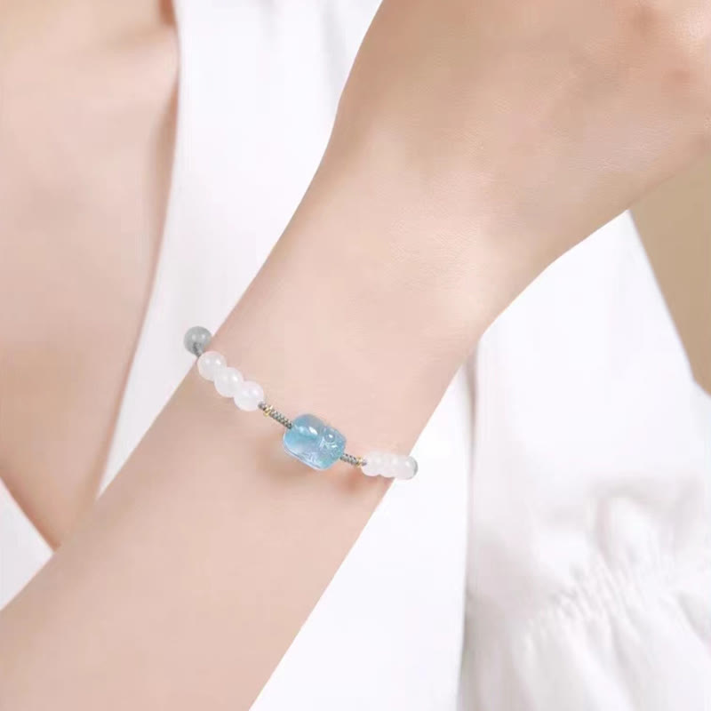 Bracelet Pixiu en aigue-marine et jade blanc pour la richesse et la sérénité