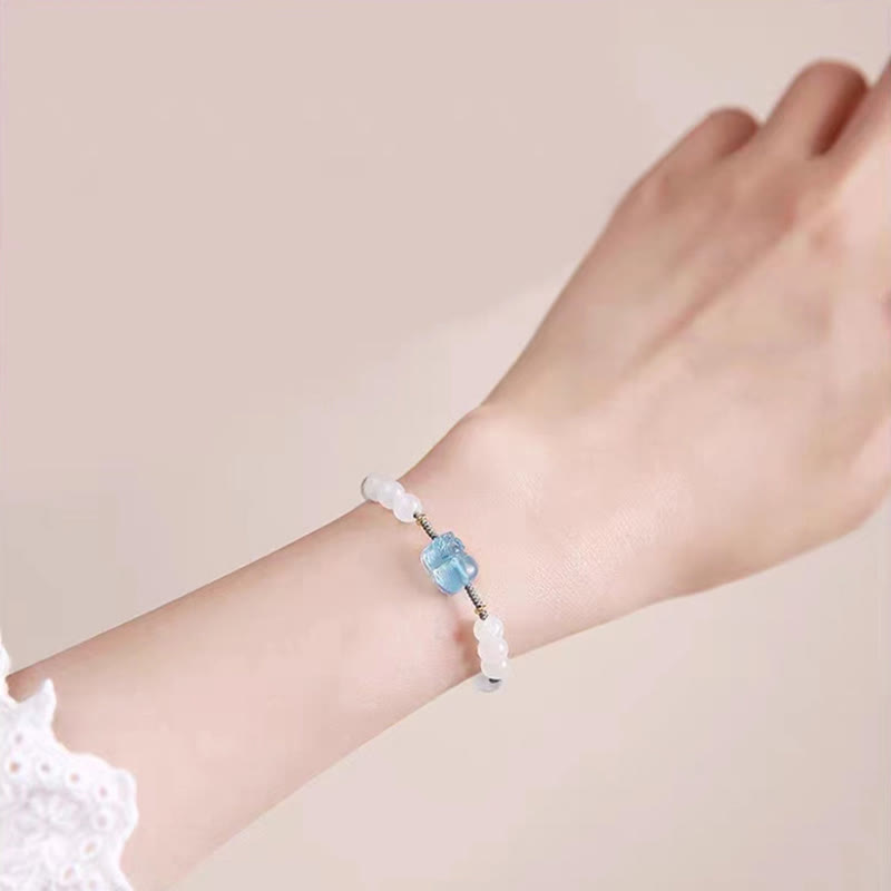 Bracelet Pixiu en aigue-marine et jade blanc pour la richesse et la sérénité