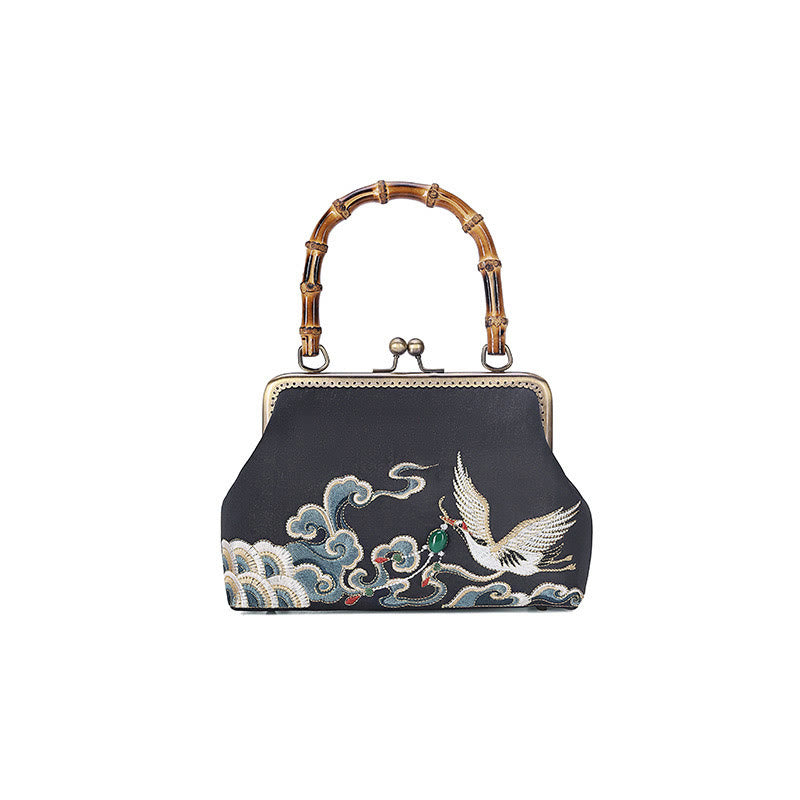 Sac à main avec poignée en bambou et broderie de grues et de nuages ​​de bon augure