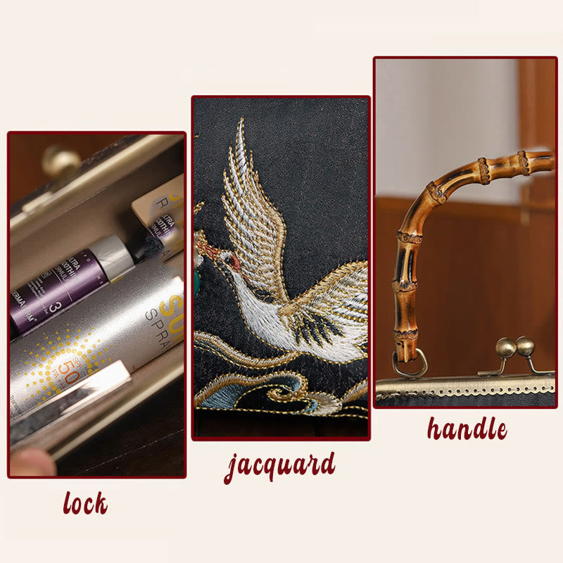 Sac à main avec poignée en bambou et broderie de grues et de nuages ​​de bon augure