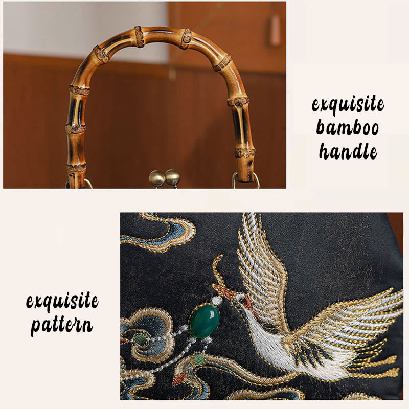 Sac à main avec poignée en bambou et broderie de grues et de nuages ​​de bon augure