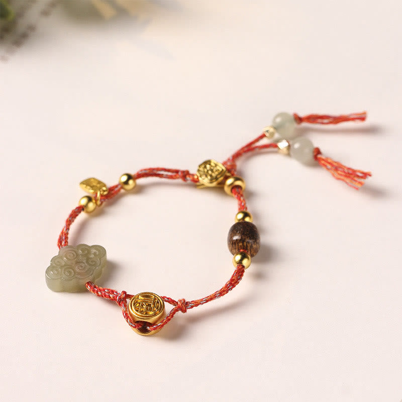 Bracelet porte-bonheur en corde de jade Hetian avec nuages ​​de bon augure et personnage Fu
