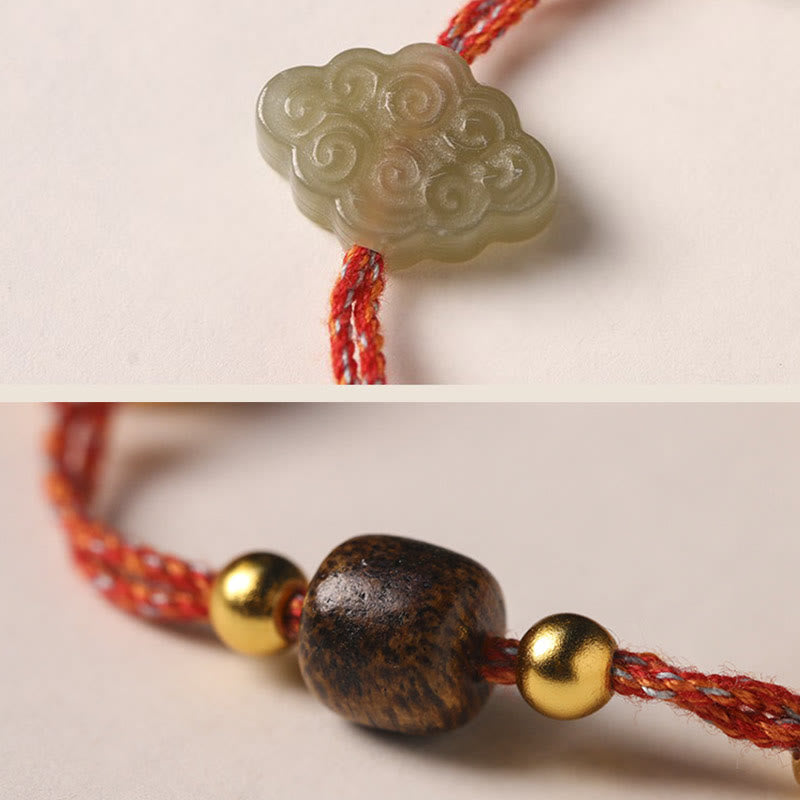 Bracelet porte-bonheur en corde de jade Hetian avec nuages ​​de bon augure et personnage Fu