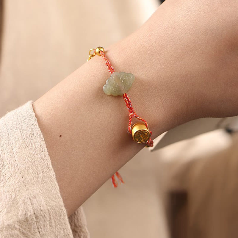 Bracelet porte-bonheur en corde de jade Hetian avec nuages ​​de bon augure et personnage Fu