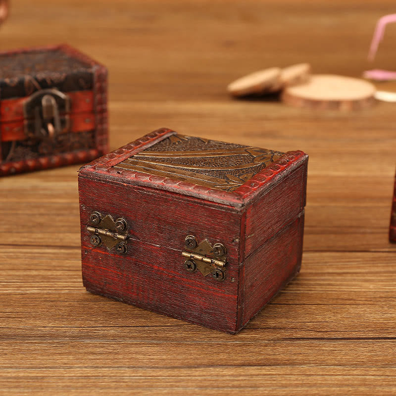 Retro Small Square Wood Jewelry Box with Lotus Design