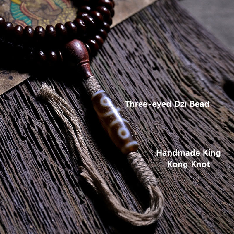 9mm Purple Bodhi Seed Mala Bracelet with Three-eyed Dzi Beads for Harmony