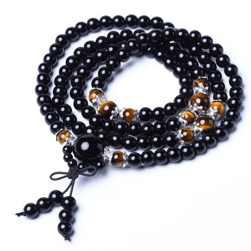 6mm Black Obsidian & Tiger Eye Mala Bracelet for Protection