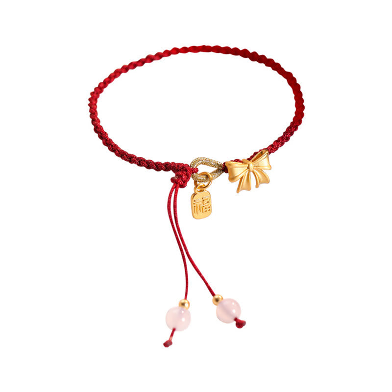 Red String Bracelet with Fu Character Charm and Peach Blossom Detail