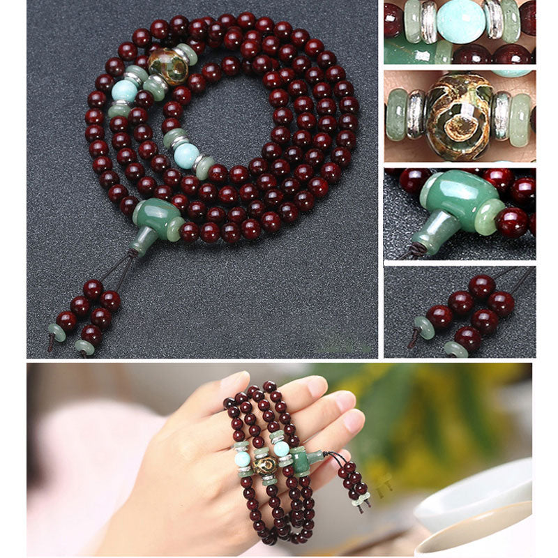 108 Bead Mala Bracelet | Red Sandalwood Green Aventurine Amazonite